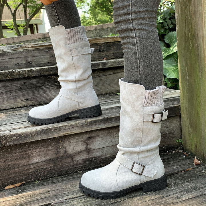 Women's Vintage Western Cowboy Boots – Suede Round-Toe Tall Boots with Block Heel & Buckle Detail