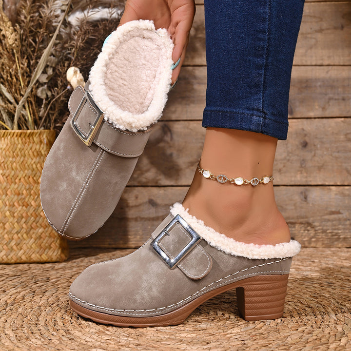 Women's Vintage Plush-Lined Mules – Cozy Slip-On Shoes for Fall & Winter