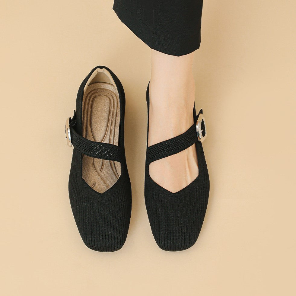 Women's Square-Toe Mary Jane Flats with Knit Upper – Soft, Comfortable Spring & Summer Shoes
