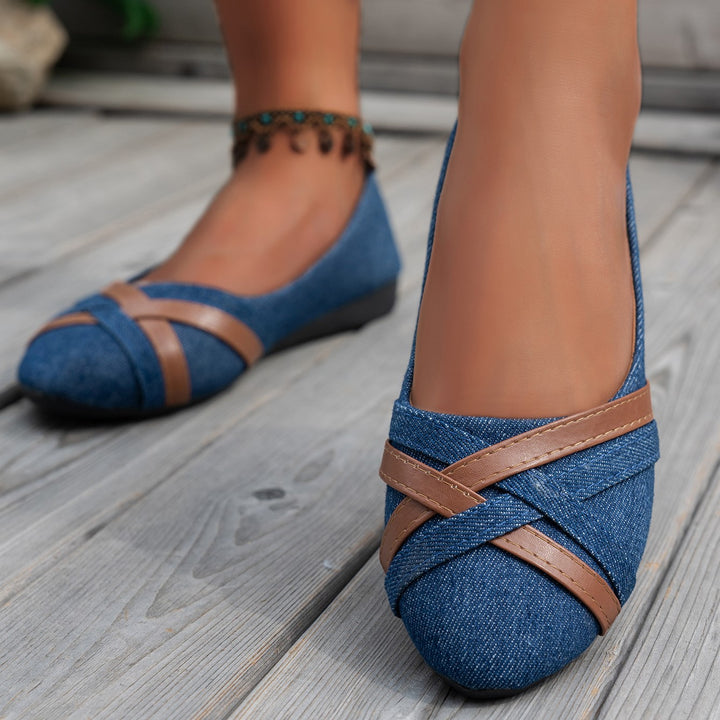 Women's Denim Cross Strap Flats – Comfortable Casual Slip-On Shoes