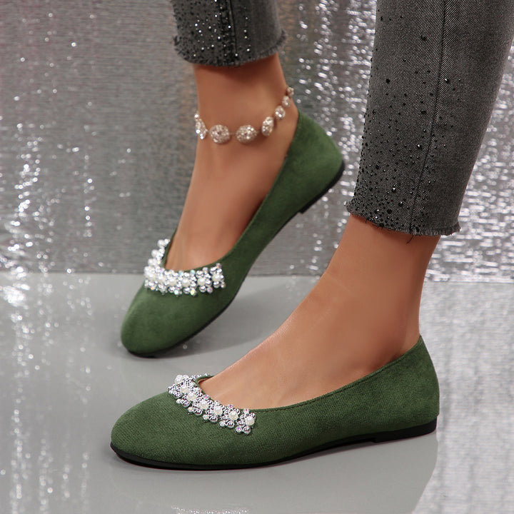 Women's Elegant Velvet Flats – Soft Comfort Shoes with Beaded Rhinestone Detail
