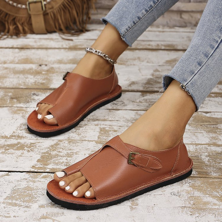 Women's Vintage Peep-Toe Comfort Sandals – Soft Leather Adjustable Summer Shoes