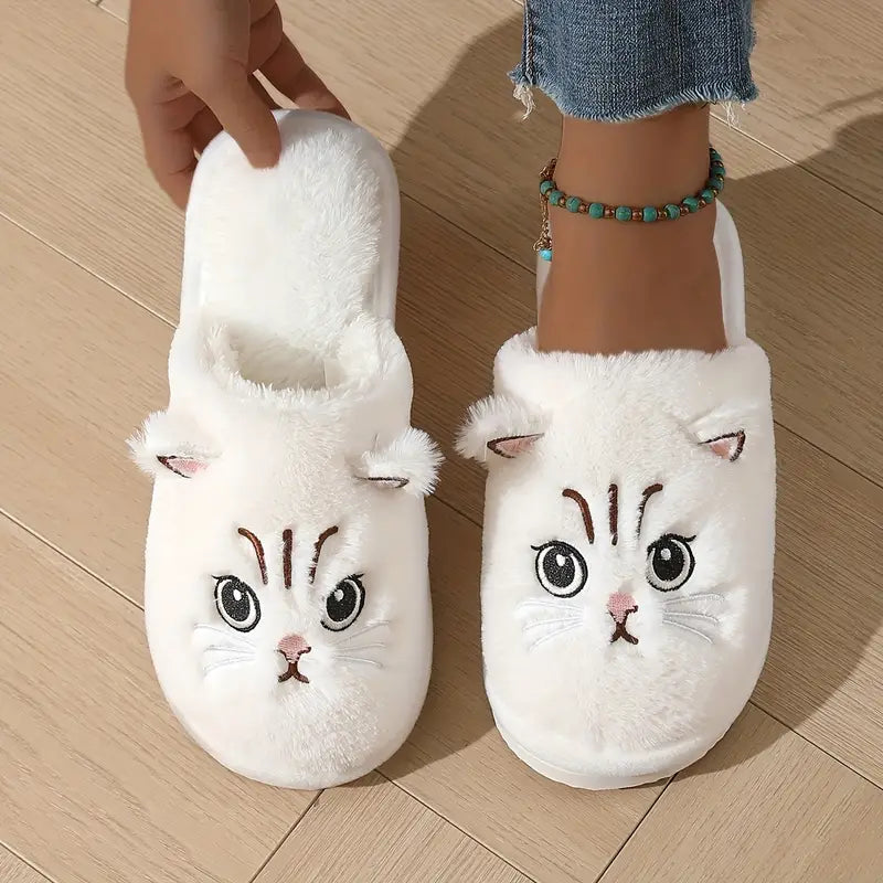 Women's Warm Cat Slippers – Plush Indoor House Shoes with Non-Slip Sole & Cozy Lining