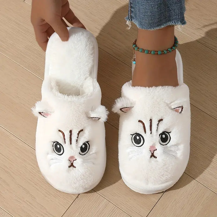 Women's Warm Cat Slippers – Plush Indoor House Shoes with Non-Slip Sole & Cozy Lining