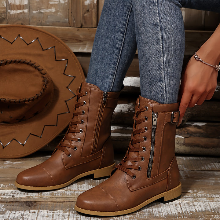 Women's Vintage Lace-Up Boots – Classic Mid-Calf Boots with Low Heel & Side Zipper