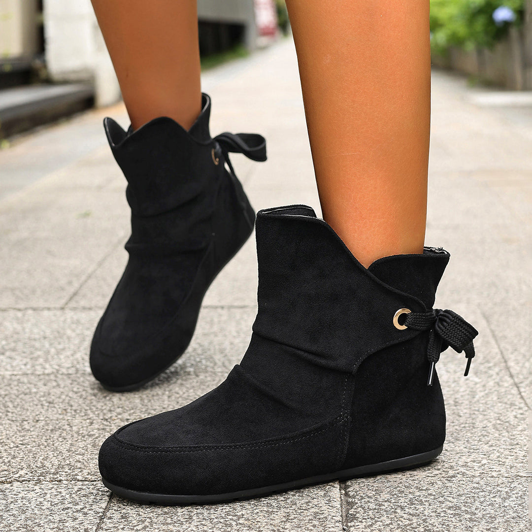 Women's Vintage Bow Ankle Boots –Comfortable  Lace-Up Flat Shoes for Fall & Winter