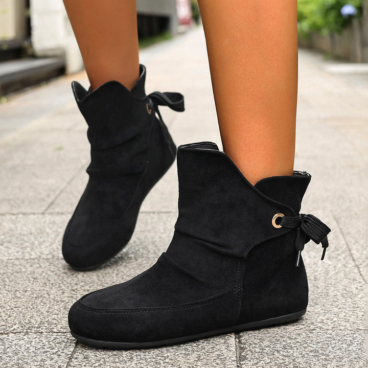 Women's Vintage Bow Ankle Boots –Comfortable  Lace-Up Flat Shoes for Fall & Winter