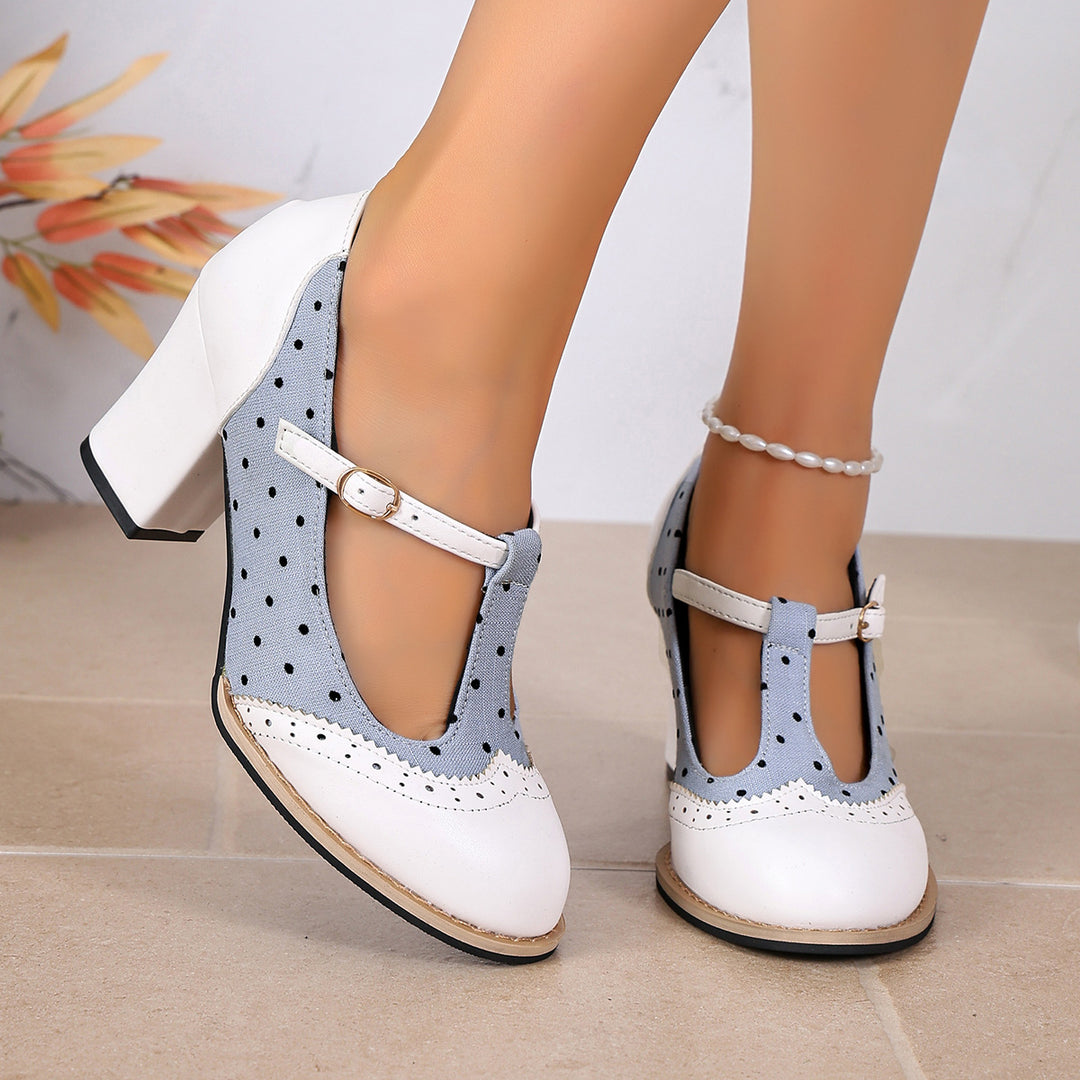 Women's Vintage Comfort Mary Jane Heels – Polka Dot Round Toe Chunky Heel Shoe