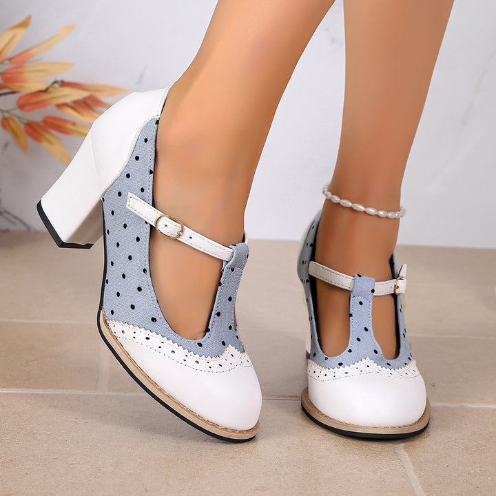 Women's Vintage Comfort Mary Jane Heels – Polka Dot Round Toe Chunky Heel Shoe