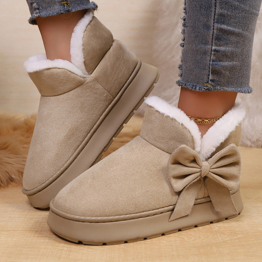 Women's Bow Ankle Boots – Warm Plush-Lined House Shoes for Fall & Winter