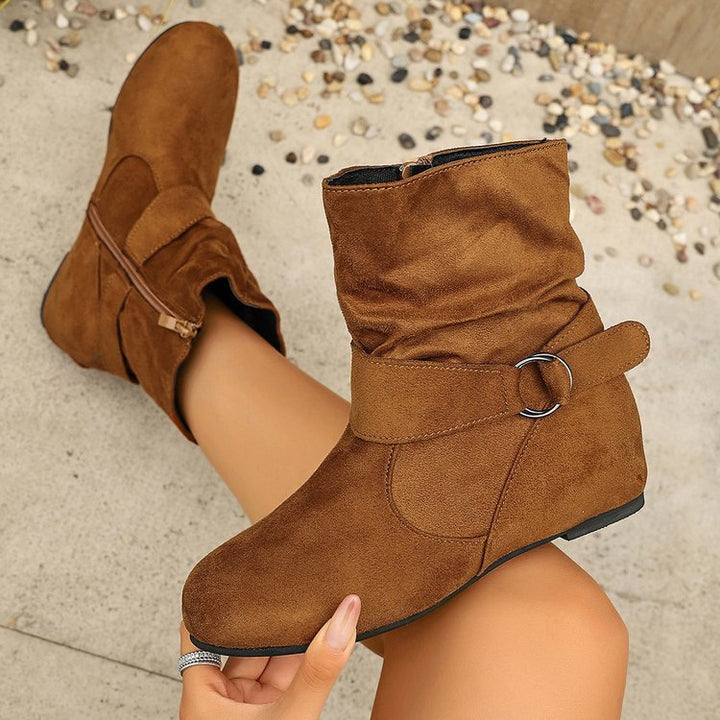 Women's Vintage Suede Ankle Boots – Round-Toe Flat Boots with Buckle Strap & Side Zip