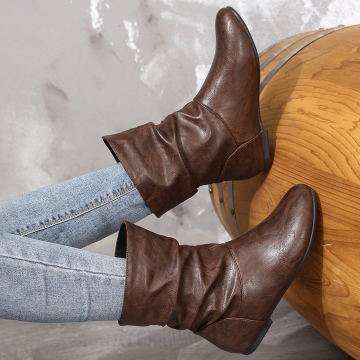 Women's Vintage Leather Ankle Boots – Waterproof Slouchy Flat Boots with Non-Slip Sole