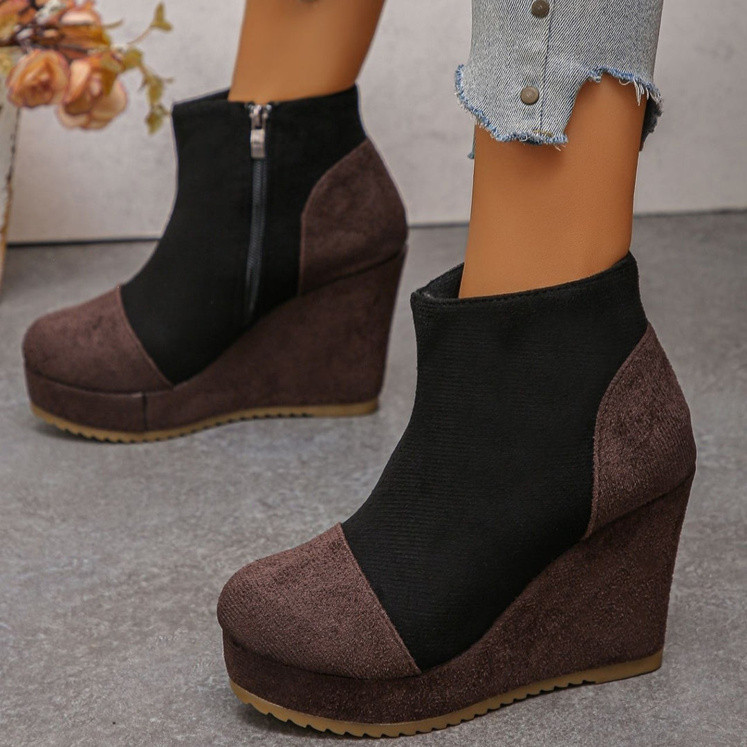 Women's Vintage Suede Ankle Boots – Chunky Platform Wedge Boots with Side Zipper