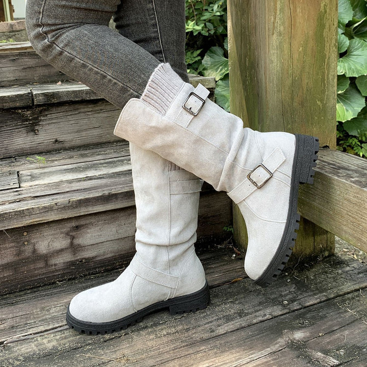 Women's Vintage Western Cowboy Boots – Suede Round-Toe Tall Boots with Block Heel & Buckle Detail