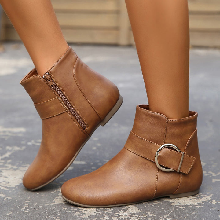 Women's Vintage Ankle Boots – Comfortable Flat Boots with Buckle & Side Zipper