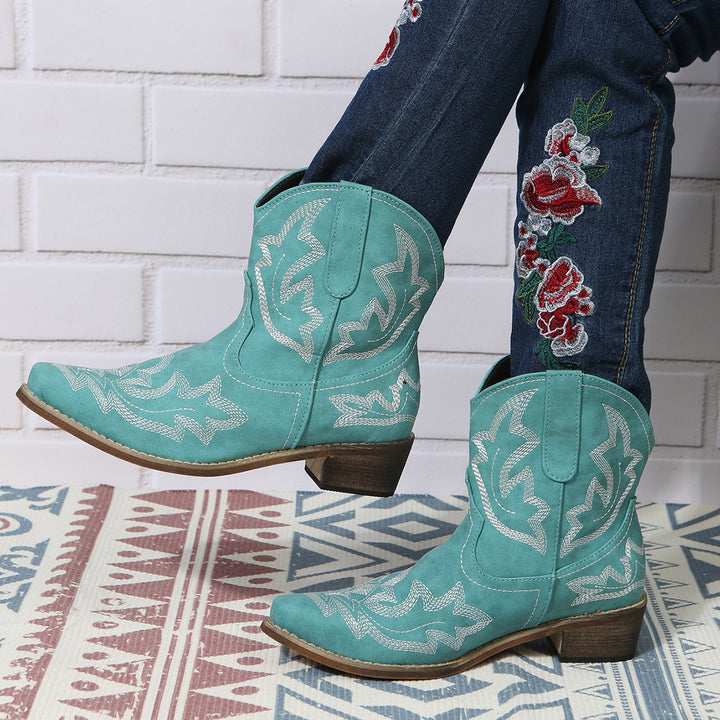 Women's Western Embroidery Mid-Heel Ankle Boots