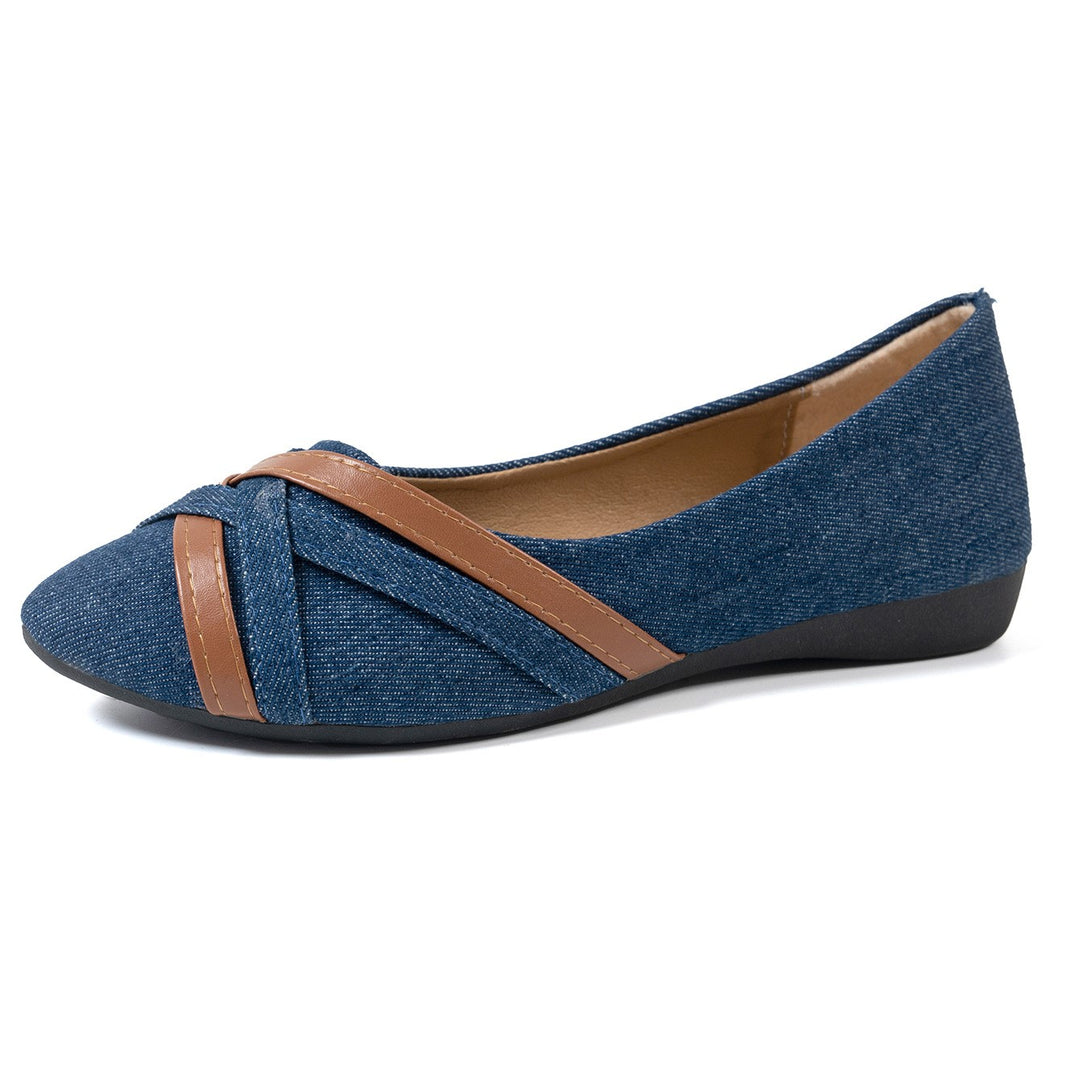 Women's Denim Cross Strap Flats – Comfortable Casual Slip-On Shoes