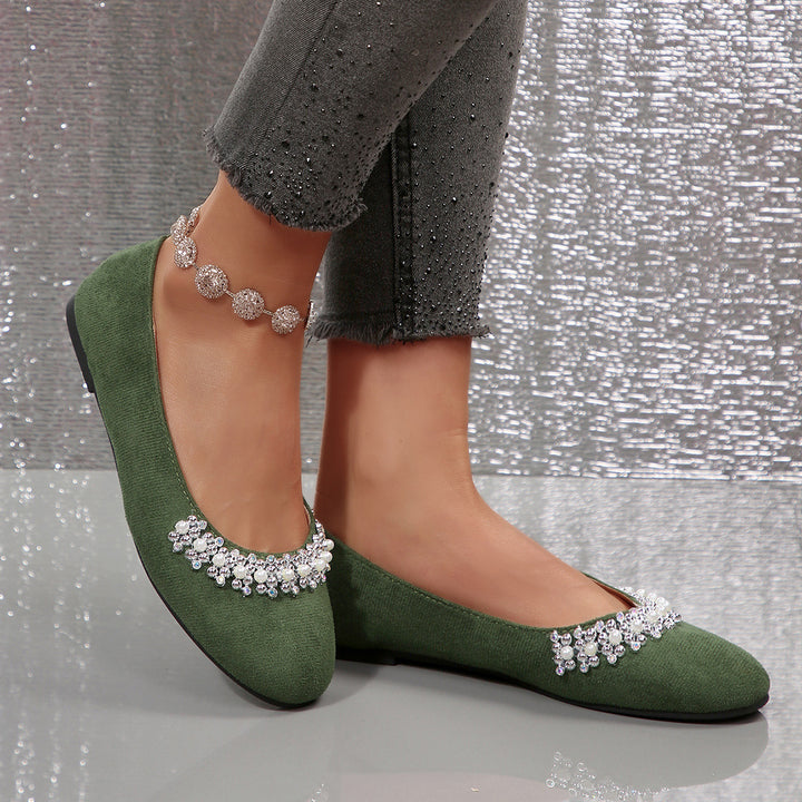Women's Elegant Velvet Flats – Soft Comfort Shoes with Beaded Rhinestone Detail