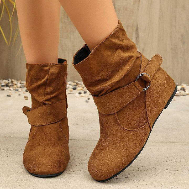 Women's Vintage Suede Ankle Boots – Round-Toe Flat Boots with Buckle Strap & Side Zip