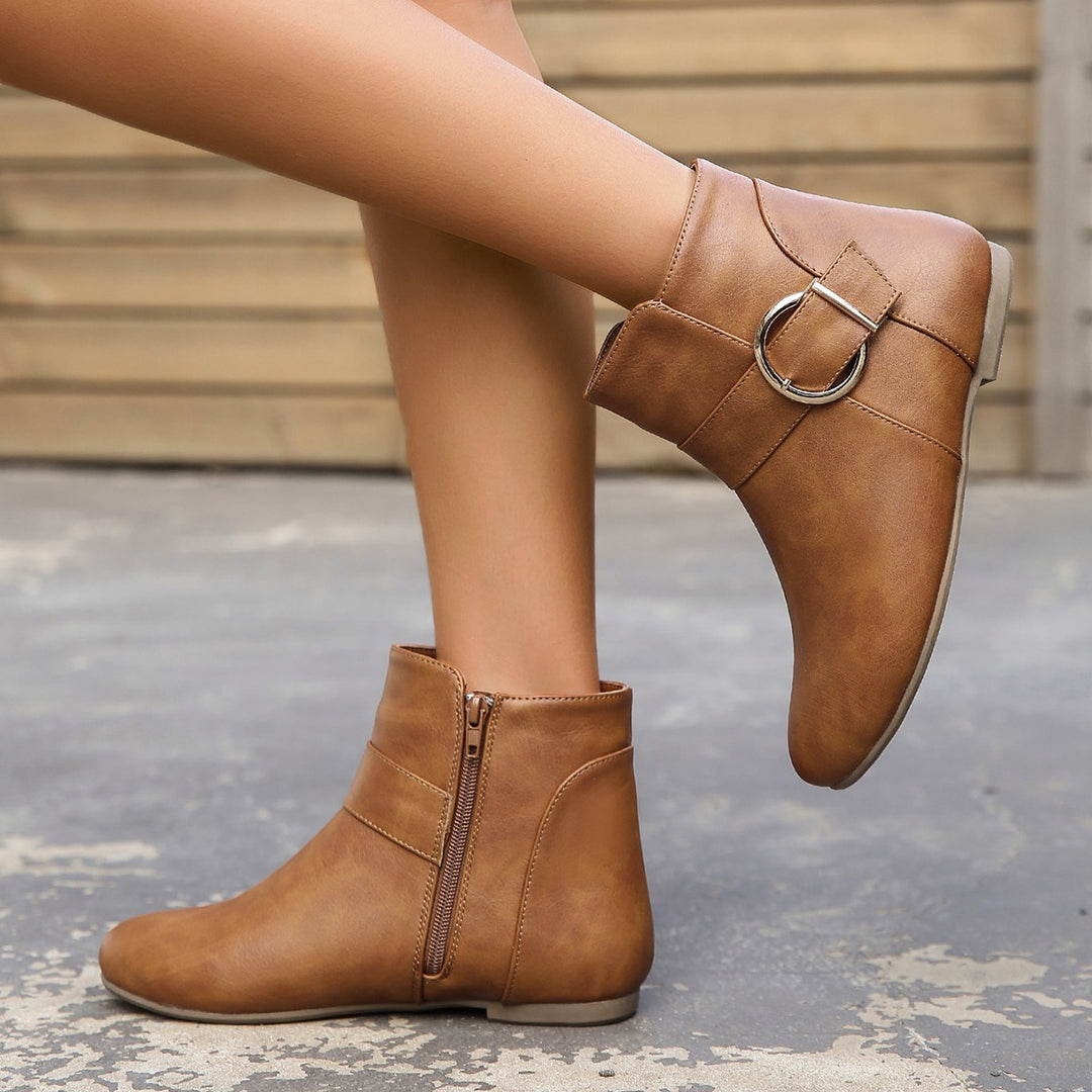 Women's Vintage Ankle Boots – Comfortable Flat Boots with Buckle & Side Zipper