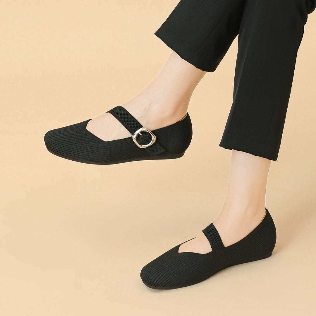 Women's Square-Toe Mary Jane Flats with Knit Upper – Soft, Comfortable Spring & Summer Shoes