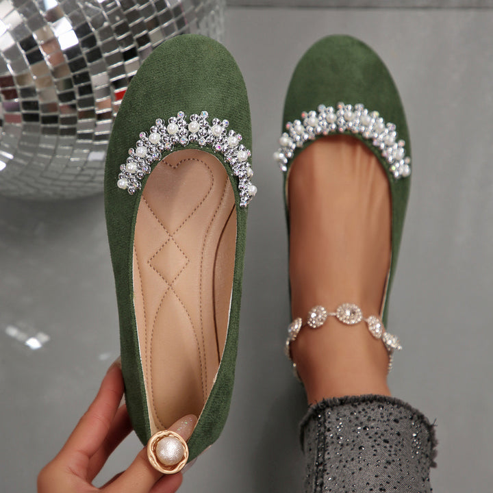 Women's Elegant Velvet Flats – Soft Comfort Shoes with Beaded Rhinestone Detail