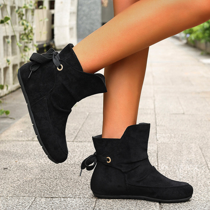 Women's Vintage Bow Ankle Boots –Comfortable  Lace-Up Flat Shoes for Fall & Winter