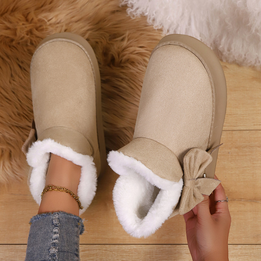 Women's Bow Ankle Boots – Warm Plush-Lined House Shoes for Fall & Winter