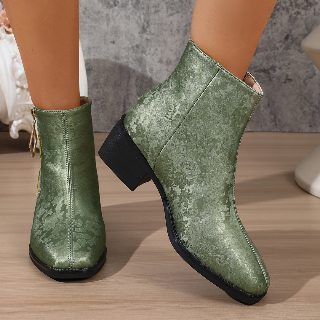Women's Floral Satin Ankle Boots – Elegant Short Boots with Side Zipper