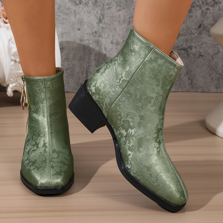 Women's Floral Satin Ankle Boots – Elegant Short Boots with Side Zipper