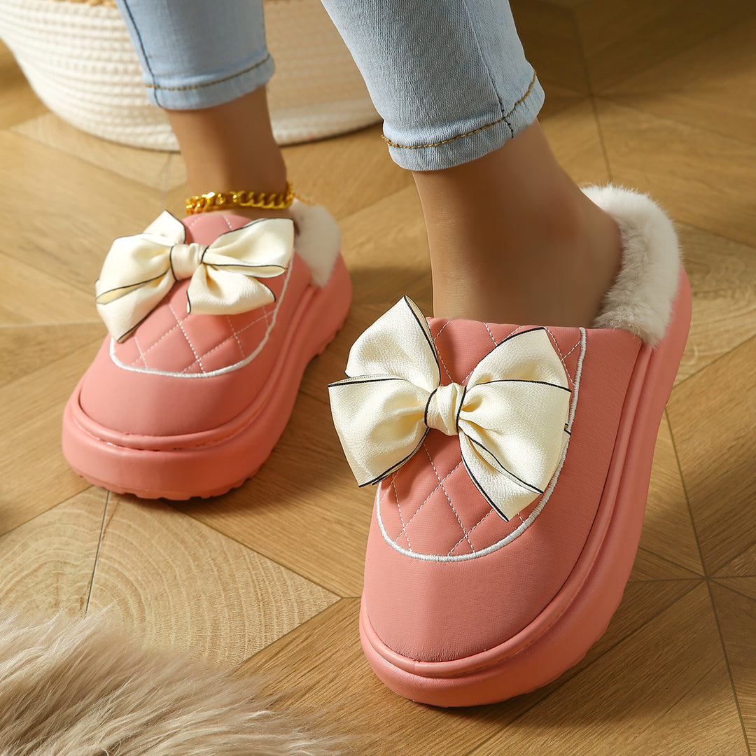 Women's Winter Bow Mules – Warm Plush-Lined Winter Shoes with a Non-Slip Sole