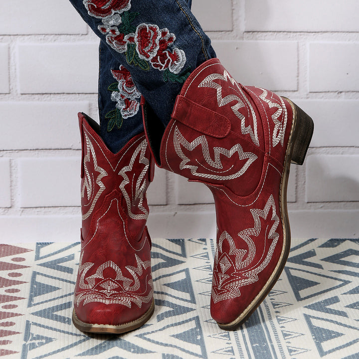 Women's Western Embroidery Mid-Heel Ankle Boots