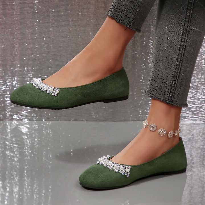 Women's Elegant Velvet Flats – Soft Comfort Shoes with Beaded Rhinestone Detail