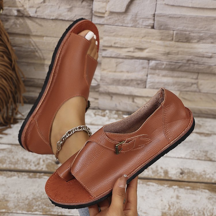 Women's Vintage Peep-Toe Comfort Sandals – Soft Leather Adjustable Summer Shoes