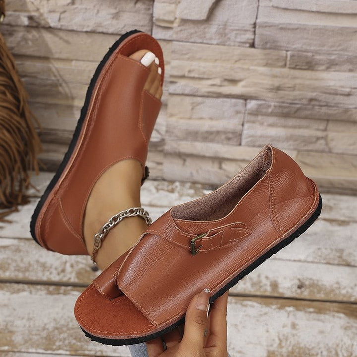 Women's Vintage Peep-Toe Comfort Sandals – Soft Leather Adjustable Summer Shoes