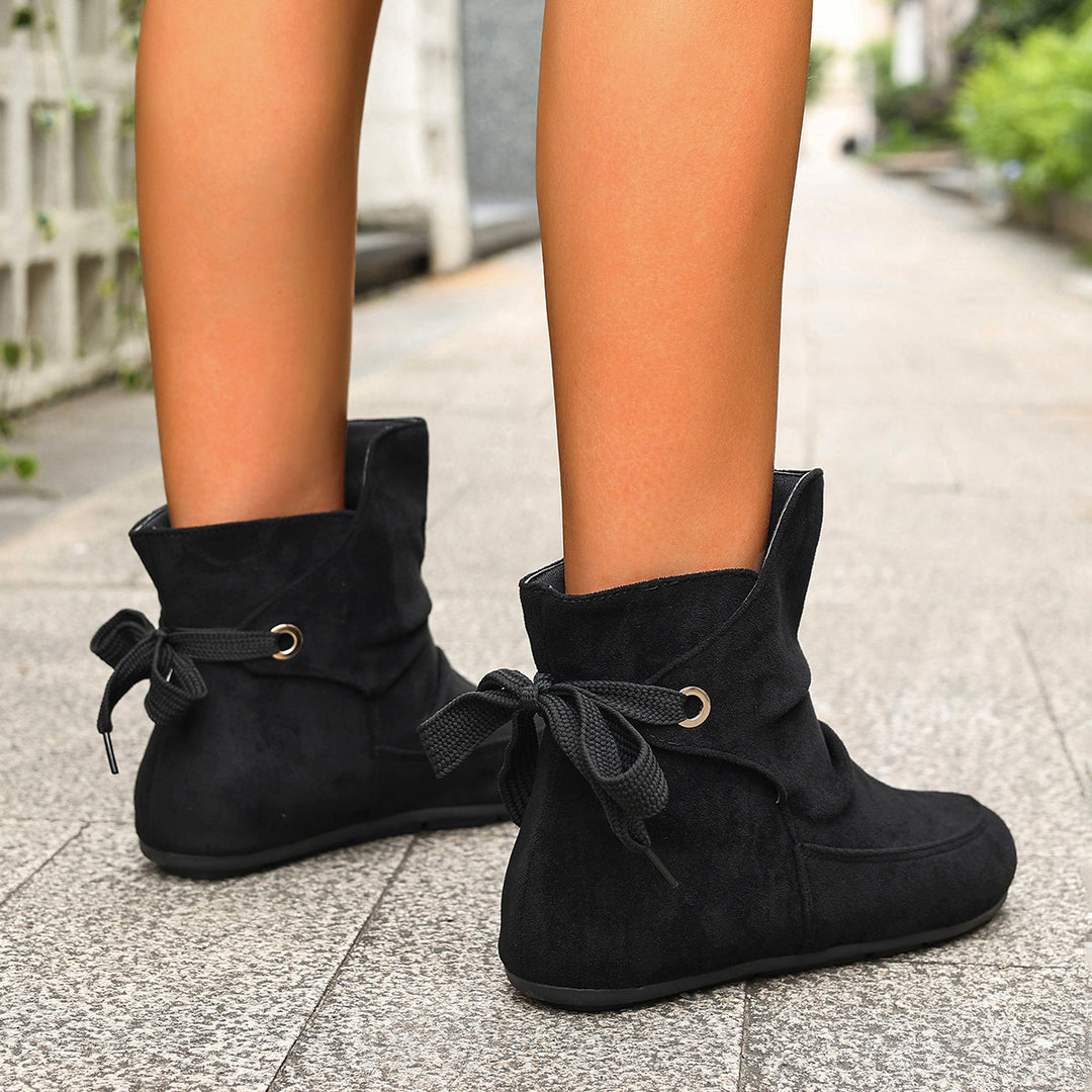 Women's Vintage Bow Ankle Boots –Comfortable  Lace-Up Flat Shoes for Fall & Winter