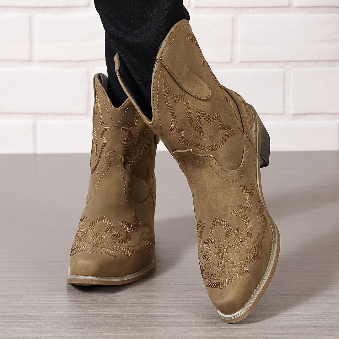 Women's Western Embroidery Mid-Heel Ankle Boots