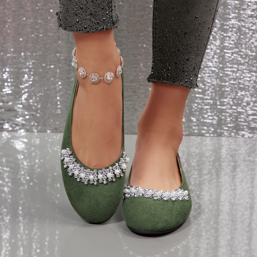 Women's Elegant Velvet Flats – Soft Comfort Shoes with Beaded Rhinestone Detail