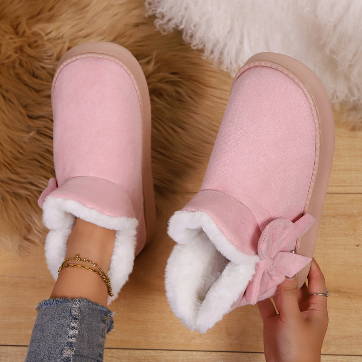 Women's Bow Ankle Boots – Warm Plush-Lined House Shoes for Fall & Winter