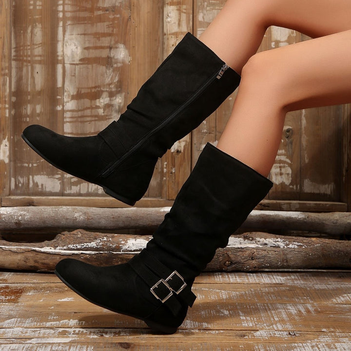 Women's Vintage Suede Tall Boots– Lightweight Flat Boots with Side Zipper & Buckle Detail