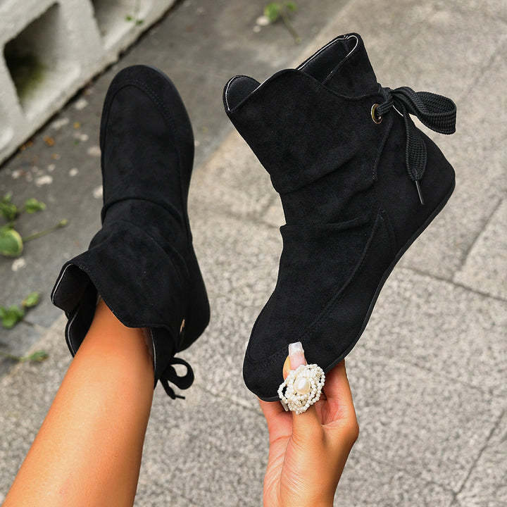 Women's Vintage Bow Ankle Boots –Comfortable  Lace-Up Flat Shoes for Fall & Winter