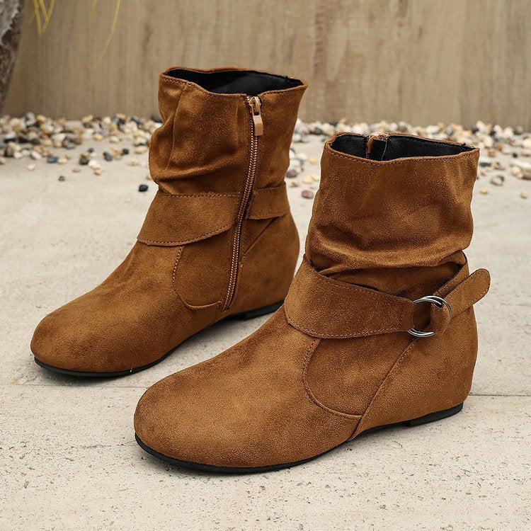Women's Vintage Suede Ankle Boots – Round-Toe Flat Boots with Buckle Strap & Side Zip