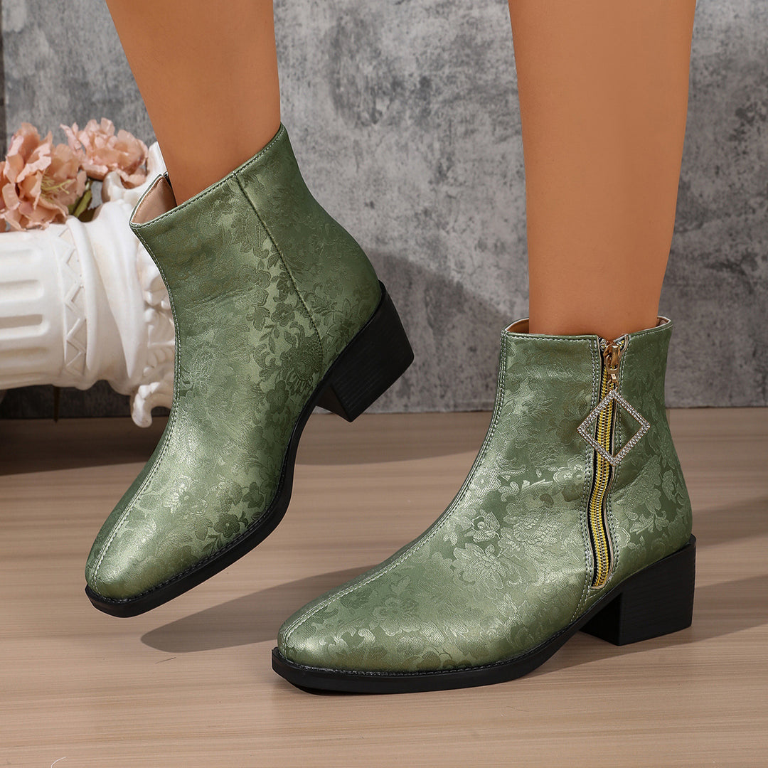 Women's Floral Satin Ankle Boots – Elegant Short Boots with Side Zipper