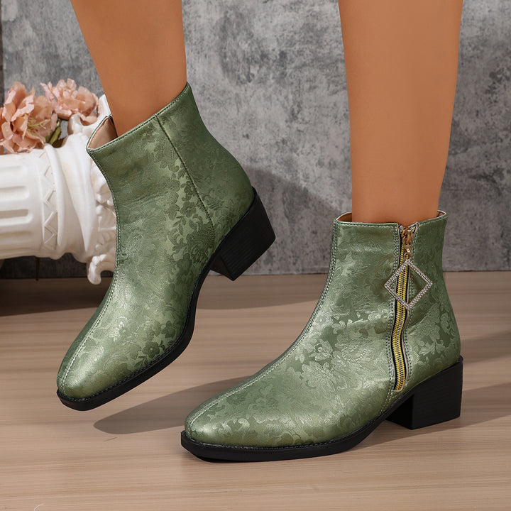 Women's Floral Satin Ankle Boots – Elegant Short Boots with Side Zipper