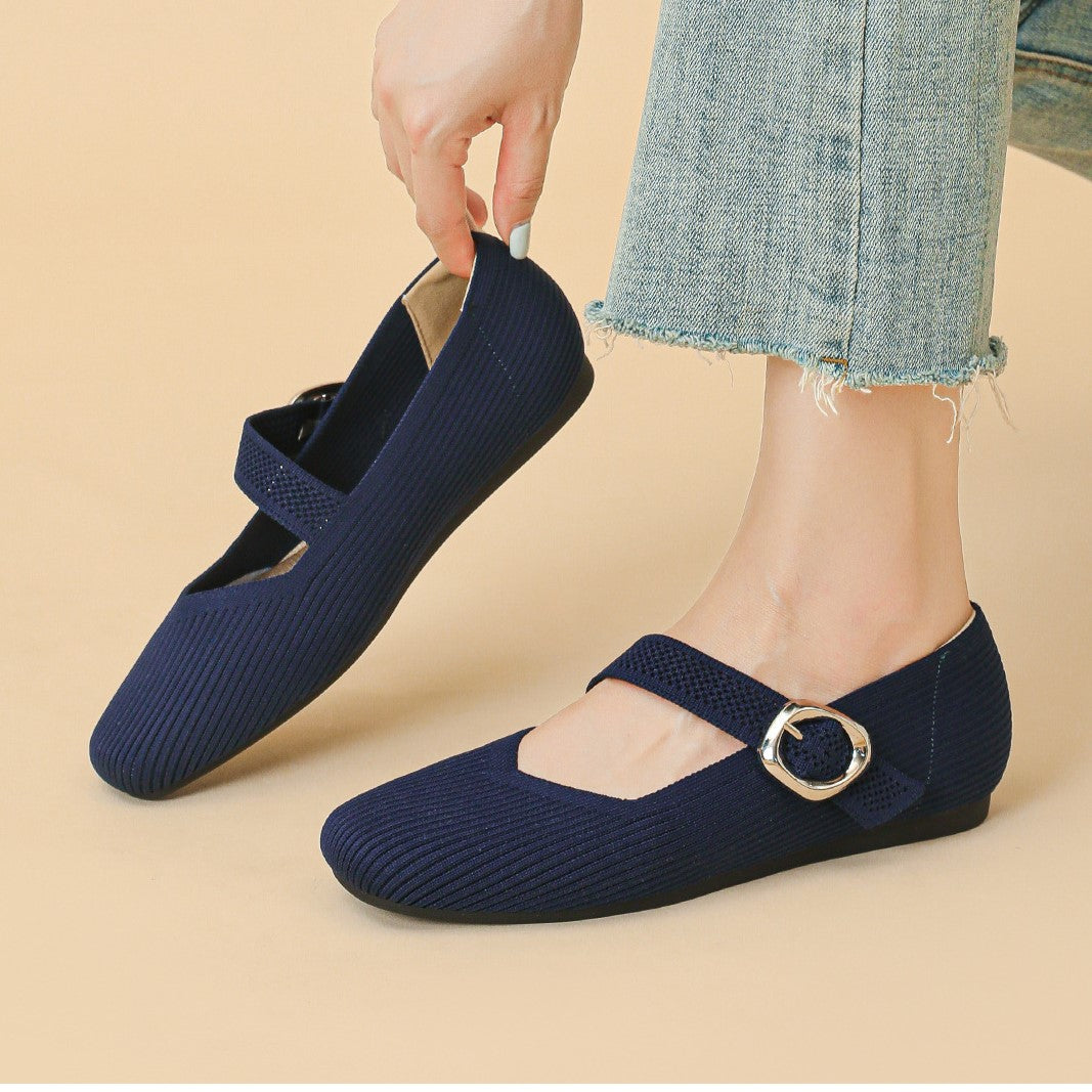 Women's Square-Toe Mary Jane Flats with Knit Upper – Soft, Comfortable Spring & Summer Shoes