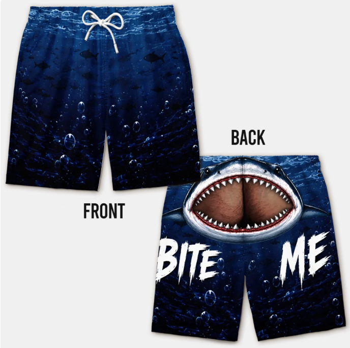 Custom Funny Men Swim Trunks - Personalized Birthday Gifts For Husband, Son, Grandson, Brother, Grandpa, Dad, Yourself - Cheeky Shark Attack