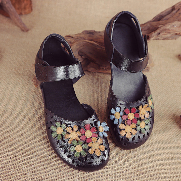Women's Handmade Leather Sandals – Floral Comfort Soft Sole Summer Shoes
