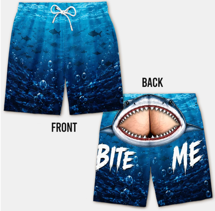Custom Funny Men Swim Trunks - Personalized Birthday Gifts For Husband, Son, Grandson, Brother, Grandpa, Dad, Yourself - Cheeky Shark Attack