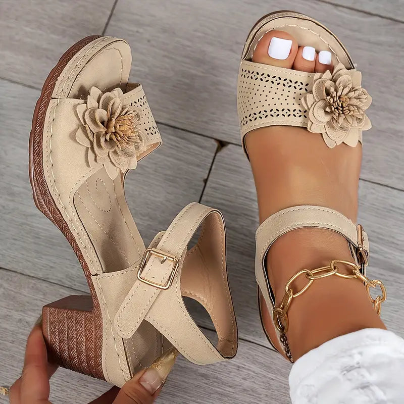 Women's Comfortable Wedge Sandals – Floral Cutout, Peep Toe, Secure Ankle Strap