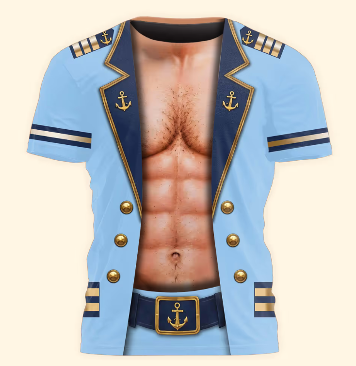 Men’s Funny 3D Captain Summer Party, Birthday, Bachelor Costume, Halloween Cosplay - Personalized Shirt